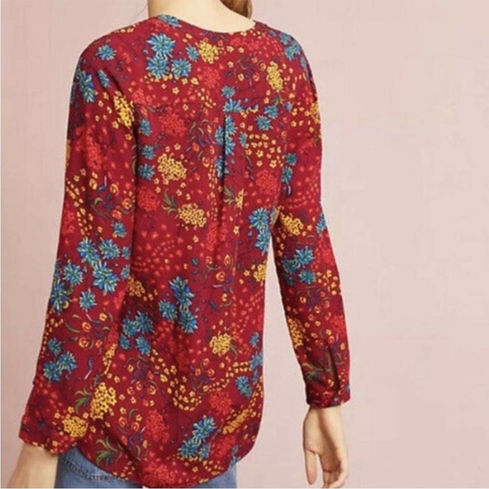 Maeve Anthropologie Red Floral Button Pintuck Blouse Top Roll Tab Sleeves Medium - Picture 5 of 5